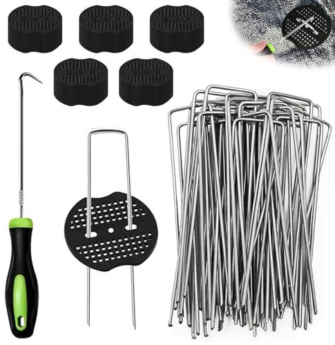 Unkrautvlies Haken, 50 Stück Unkrautvlies Heringe(150 x 40mm, Ø2,5mm) und 50 Stück Unterlegscheiben und Nagelhaken, Anti Rost Verzinkte U-Förmige Erdanker für Gartenvlies Zeltheringe Camping Reisen