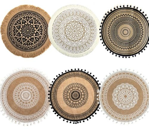6 Pezzi Tovagliette Rotonde, Tovagliette Rotonde Bohémien, Tovagliettes in Iuta Resistenti al Calore con Nappe, Tovagliettes Colazione, Per Isolamento, Decorazione e Fotografia, Diversi Stili (38CM)