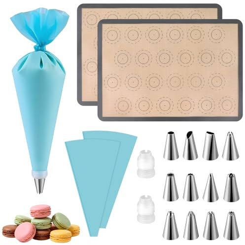 TOPBELIEF 2 Piezas Tapete Silicona Horno, 42 x 29.5cm Tapete de Silicona para Hornear Macarrones, Reutilizable Antiadherente para Hornear con 12 Puntas de Manga Pastelera, para Galletas y Macarons