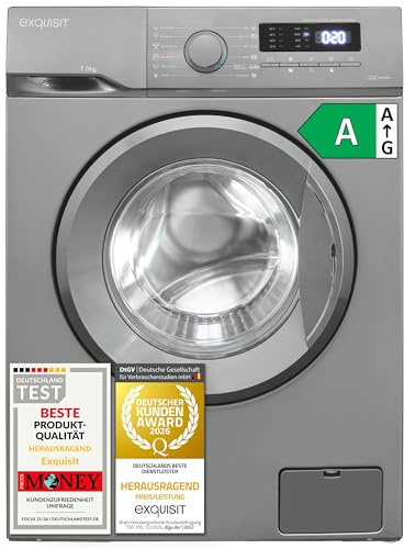 Exquisit Waschmaschine 7 kg Schmal - 45 cm - Inoxlook - 1400 U/Min - Klasse | Freistehender Frontlader mit 12 Programmen, Aquastop, Mengenautomatik und Kurzprogramm. Leise 76 dB. Farbe Inoxlook-Az.