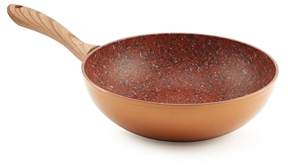 JML Copper Stone Wok Non Stick - Durable 28cm Stainless Steel Wok with Aluminium Core, Suitable for Gas, Induction, Electric and Ceramic Hobs - Dynamic Heat Distribution and Wood-Effect Handle