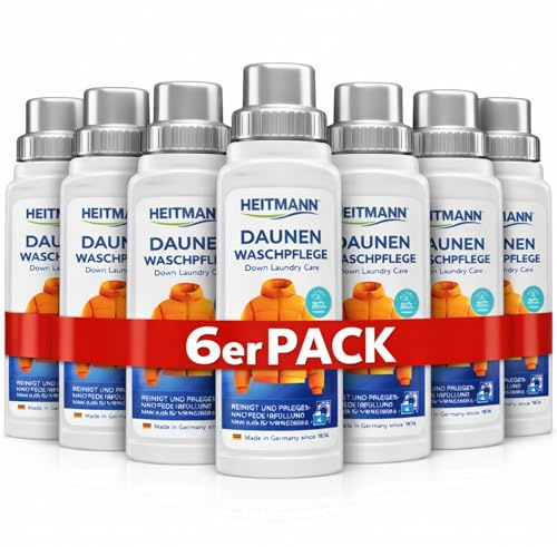Heitmann Ropa de plumón: limpia y cuida los textiles con relleno de plumón, ideal para la limpieza suave de chaquetas de plumón, almohadas de plumas, 250 ml, 6 unidades
