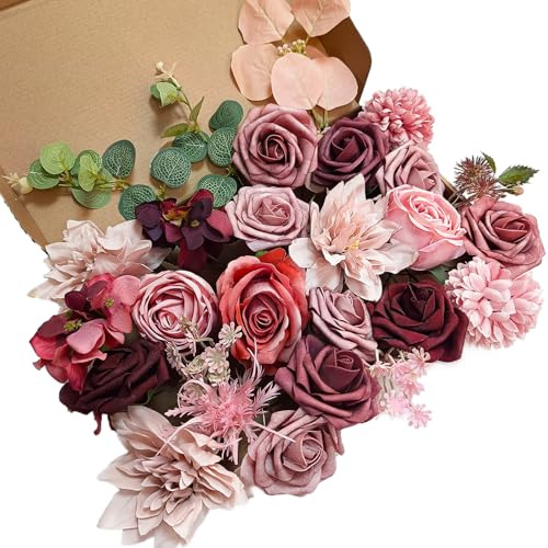 OrgMemory Artificial Flowers, Foam Fake Combo Box Set, Flowers with Stems, for DIY Floral Arrangements Bouquets Wedding Party Home Baby Shower Decor (Dusty Rose Mauve)