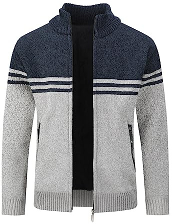 Allthemen cardigan herr vinter vardaglig fleece fodrad tröja full dragkedja stickad jumper rock, BLÅ, M