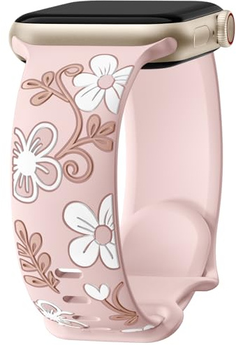 Mastten Trefärgad blomma graverad rem kompatibel med Apple Watch-remmar 38-49 mm, mjukt silikon elegant sportband för iWatch SE serie 1-10
