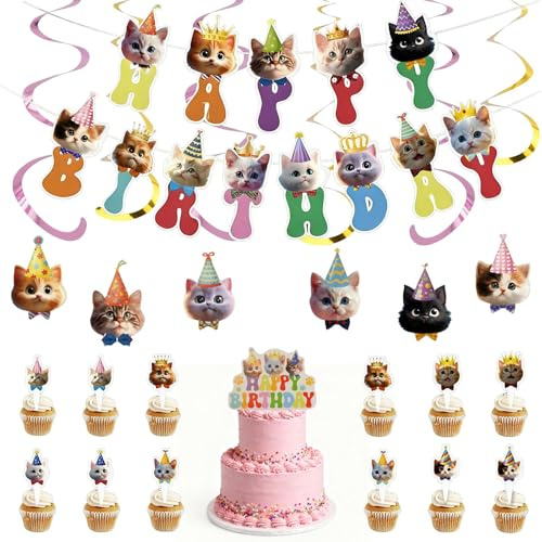 KUAOOAUK 24 PCS Cat Cupcake Topper, Cute Kitten Theme Party Decorations, Perfect Single Cat Face Cupcake Toppers for Kitty Cats Themed Birthday Party Baby Shower Wedding Cake Decorations Supplies