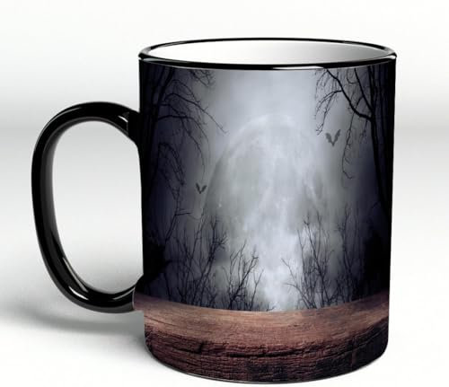 YOIUE Tasse aus Keramik - Große 11oz Tassen 330ml Kaffeetassen mit Henkel, 100% Handbemalt - Trinkgläser mit Griff - Weiß,Alter Holztisch und toter Baum in der Nacht als Halloween-Hintergrund.