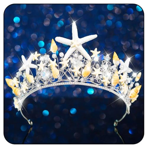 Handcess Seestern Tiara Silber Muschel Krone Stirnband Braut Kostüm Kopfbedeckung Strand Party Haarschmuck für Frauen