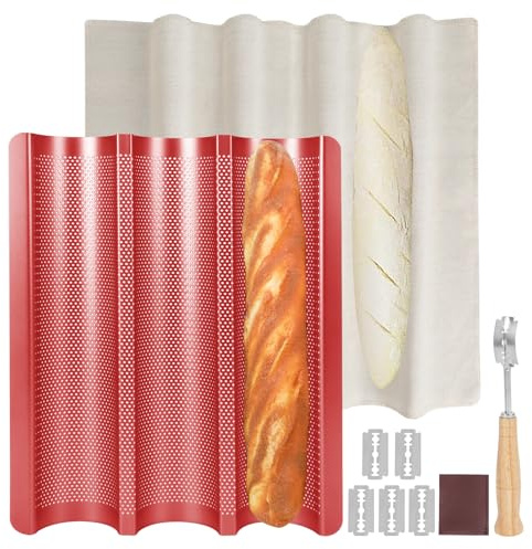 Barlket Perforated Baguette Bread Pan, French Bread Baking Pan Nonstick with Dough Couche & Cutter, Food Grade Carbon Steel 3-Slot Baguette Tray 15x11 Inch, Oven Safe, for Home & Professional, Red