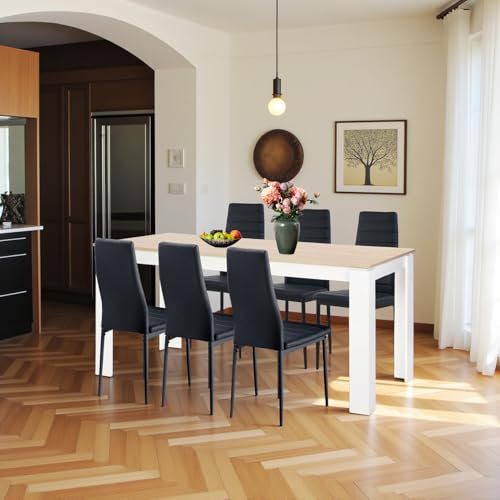 FURNITABLE Esstisch mit 6 Stühlen Esszimmergruppe, Essgruppe mit Hochlehner Kunstleder Stuhl für 6 Personen, Sitzgruppe für Küche Wohnzimmer(160cm Eiche-Weiß Tischbein Tisch+6 Schwarz Stühle)