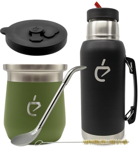 Coffret Yerba Maté Un Mate MateGo Kit Complet Thermolid DualFlow PRO Forest Green – bouteille isotherme 1000 ml, Tasse Isotherme 230 ml, Bombilla, Brosse, Coffret Cadeau Premium (vert)