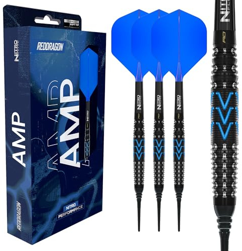 Röd DRAGON Darts – AMP Series Dart Pilar – 20 g fat/22 g full vikt, mjuk spets, torpedo-dart set – 90 % volungsten dartpilar proffs – Nitro Flite integrerad flyg/fack, dartvingar och dartskaft