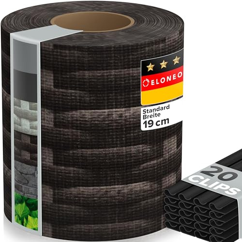 ELONEO PVC Sichtschutzstreifen Doppelstabmattenzaun | 1 Rolle á 35m x 19 cm | Balkon Sichtschutz mit 20 Befestigungsclips | Sichtschutz Zaun wetterfest und extra stabil, Rattan dunkel