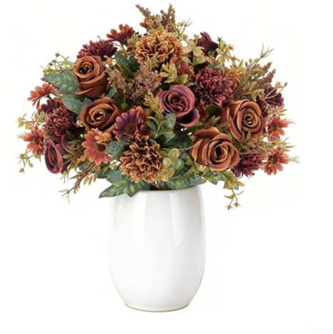 YJDOORPLAY Bouquet de fleurs d'automne en soie, roses artificielles réalistes et hortensias avec fougères et eucalyptus, 33 cm, décoration florale d'automne pour la maison, les mariages, les fêtes (2)