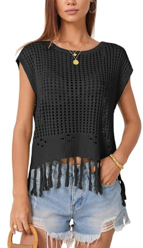 RWGSNB Canotta Donna Elegante, Canotta Estiva all'Uncinetto Donna Gilet Maglia Traforata con Orlo a Frange Maniche Corte alla Moda Casual Leggero Trasparente Copricostume Spiaggia Abiti Vacanza Nero