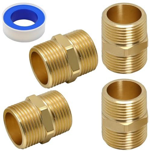 4 Stk Doppelnippel 3/4 Zoll, Messing-Schnellkupplungen 3/4 Zoll Außengewinde, Sechskant Verbindungsstück, AG Gewindefittings, Messing Rohrverschraubung Verbinder für Heizung Sanitär, mit PTFE-Band
