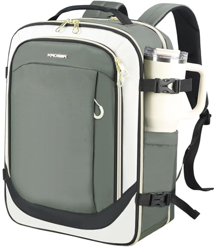 KROSER Laptop ryggsäck skolryggsäck ryggsäck vattentät laptopväska med USB-laddningsport, Beige/armégrön/svart, 17,3 Zoll