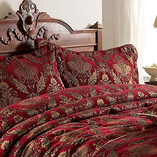 Paoletti Shiraz Oxford Pillow Sham - Embroidered Damask Jacquard (Burgundy Red & Gold - 48 x 74cm)