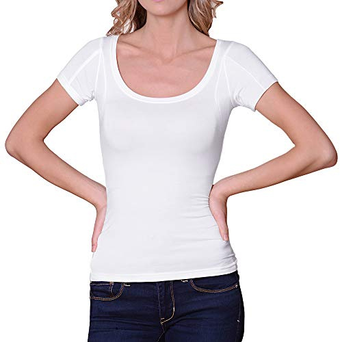 Sweatshield Undershirts Women's Scoop Neck White Large Sweatproof Undershirt with Armpit Sweat Pads, Stops Underarm Sweat, Stain-Free, Regular Fit, Short Sleeve, Lightweight, All Seasons