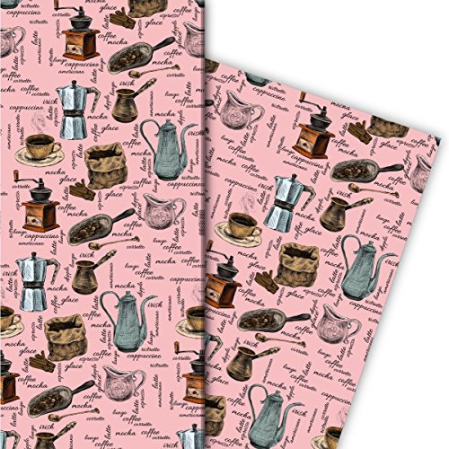 Kartenkaufrausch Gezeichnetes Kaffeehaus Geschenkpapier Set 4 Bogen, Dekorpapier mit Kaffeemühlen und Kaffee Varianten, rosa, für tolle Geschenkverpackung, Musterpapier zum basteln 32 x 48cm