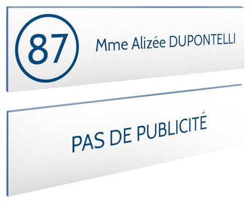 DECOHO - Plaque Boite aux Lettres Personnalisable - Lot de 2 plaques adhésives en Plastique Blanc Bleu - Format 100x25 mm - Gravure Laser - Blanc