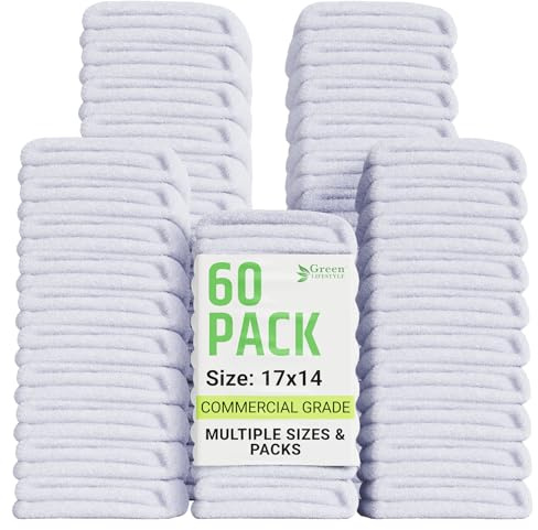 GREEN LIFESTYLE 60-Pack Cotton Wash Cloths – 14x17 Absorbent Cleaning Rags for Housekeeping, Kitchen Towels, Bar Mop Towels, Durable Terry Cloth Rags, Premium Quality Multipurpose Washcloths