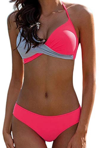 Snygg Bikini Baddräkt Set Sexig Solid Halter Baddräkt för Kvinnor Strandkläder Bikini Set Stor Storlek, Rosa, XXL