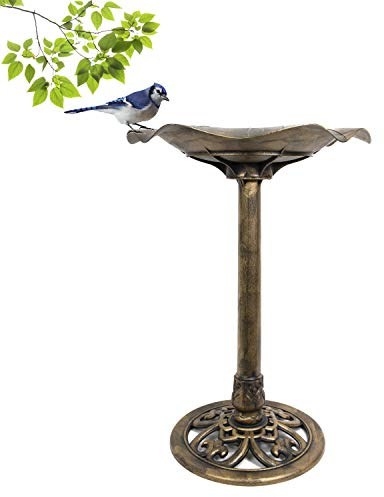Fuente antigua para bañera de pájaros de pedestal para decoración al aire libre y jardín | 27 pulgadas de altura | estilo lirio de acero