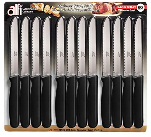 Alfi All-Purpose Knives Aerospace Precision Rounded Tip - Home And Kitchen Supplies - Serrated Steak Knives Set | Made in USA (Classic Black, 12 Pack)