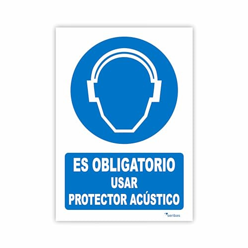 Seribas Señal Obligatorio Usar Protector Acústico, Cartel PVC 0,7 mm. Tamaño A4 21 x 30 cm, Homologado. Tinta y Material Resistente Interior y Exterior