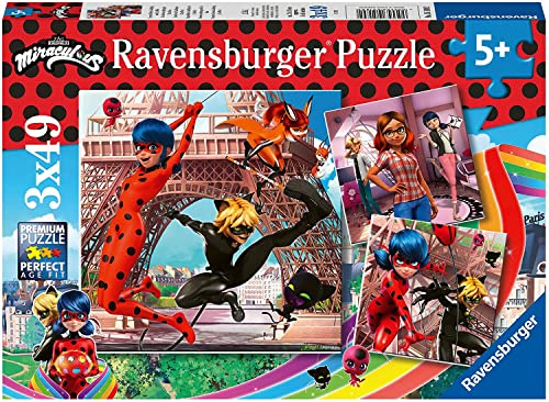 Ravensburger barnpussel 05189 - Våra hjältar Nyckelpiga och Cat Noir - 3x49 bitar Mirakulöst pussel för barn från 5 år och uppåt