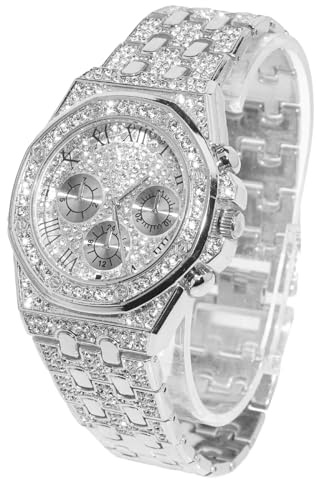 HALUKAKAH Diamante Reloj Oro, Hombres Chapado Oro Blanco Platino 40MM Ancho Números Romanos Esfera Cuarzo Pulsera 22cm, con Caja de Regalo