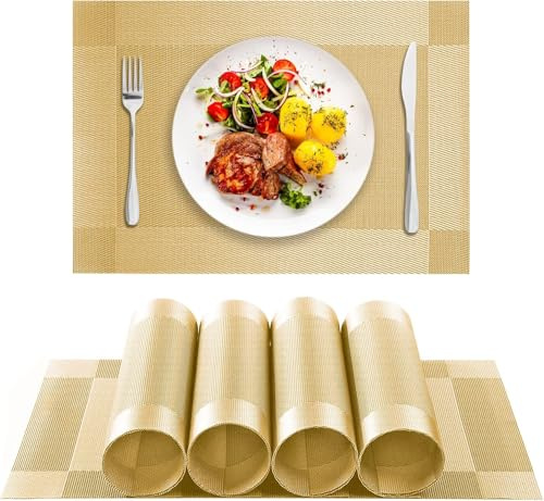 jiuzcare Tischsets abwaschbar 4er Set, 100% PVC Platzsets 30 x 45 cm in Gold, Rutschhemmende Platzdeckchen, Pflegeleichte Tischunterlage für Esstisch, Küche, Esszimmer, Restaurant, Hotel und Gäste