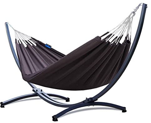 Potenza Outdoor Hängematte mit Gestell für 2 Personen I Medelin - 100% Baumwolle Doppelhängematte 220x140, 160kg I Hängemattengestell 220kg, wetterfest (Caffee, Basic Gestell Graphit)