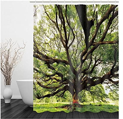 Banemi Duschvorhang Befestigung Wand, Shower Curtain 3D Grün Braun Großer Baum Polyestergewebe 180X200cm für Eck Dusche mit 12 Duschvorhangringen