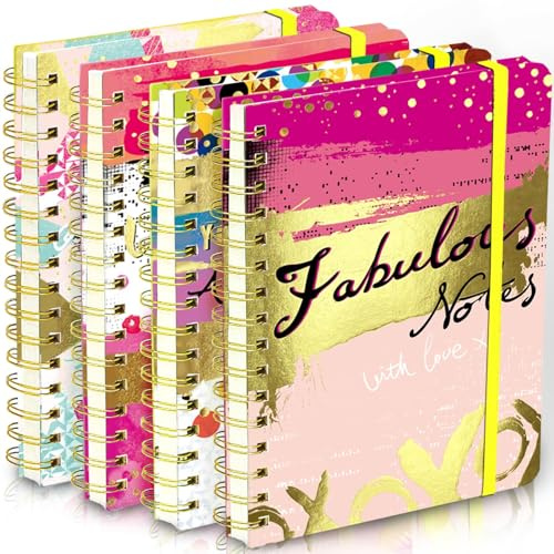 DWIYITTN A5 Spiral Notebook for Women, 4 Pack Hardback Notebook Gift Set 160 Lined Pages Spiral Bound with Elastic Closure for School College Work Home to Write Note Taking （Pink）