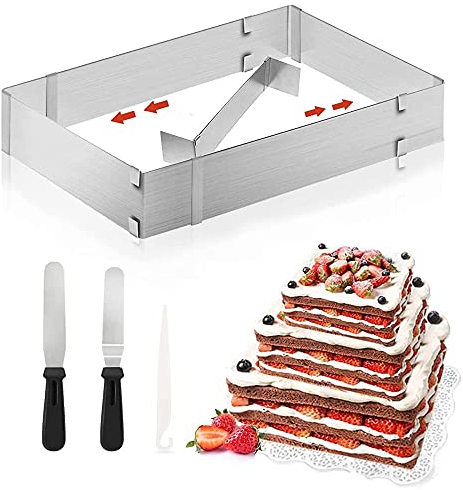 RANJIMA Backrahmen Rechteckig Verstellbar,Edelstahl Backform Rechteckig Tortenring Eckig Backformen Eckiger Backblech Ausziehbar mit Teiler,Spatel,für Kuchen Torten Pizza Backen Party Dekorieren
