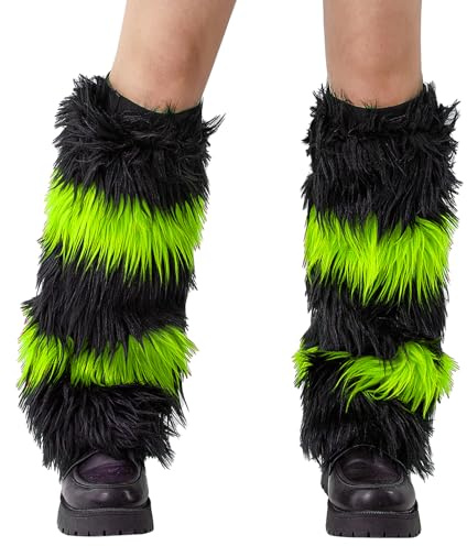 YILEEGOO Damen-Beinstulpen aus Kunstfell, warm, flauschig, Regenbogenfarben, Stiefelüberzüge, Manschette, Rave-Musik, Schwarz/Grün, One Size