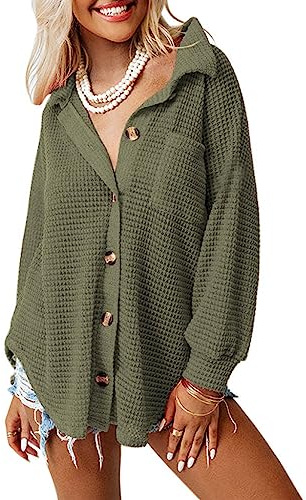 Dokotoo Spring Cardigan for Women Waffle Knit Button Down Tops Casual Loose Fit Long Batwing Sleeve Blouses Lightweight Solid Color V Neck Green Shirts Large