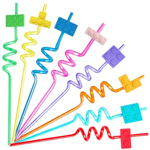 Lumsburry 24 Stück Bausteine, Partygeschenke, wiederverwendbare Trinkhalme | 8 Farben, Brick Block Crazy Straws, für Numberblocks Geburtstagsdekoration, Partyzubehör, mit 2 Strohhalmen-Reinigungsbürste