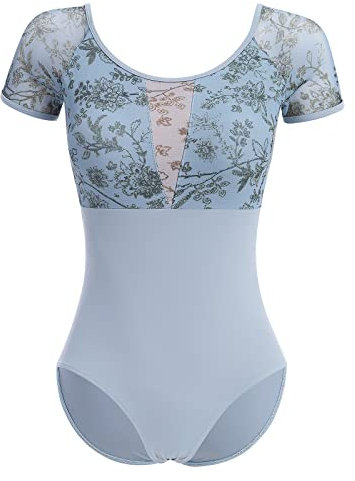 IMEKIS Damen Blume Ballettanzug Kurzarm Rückenfrei Tanzbody Ballett Trikot Top Gymnastikanzug Ballettkleidung Ballerina Tanzkleidung mit Abnehmbaren BH-Pad Blau S