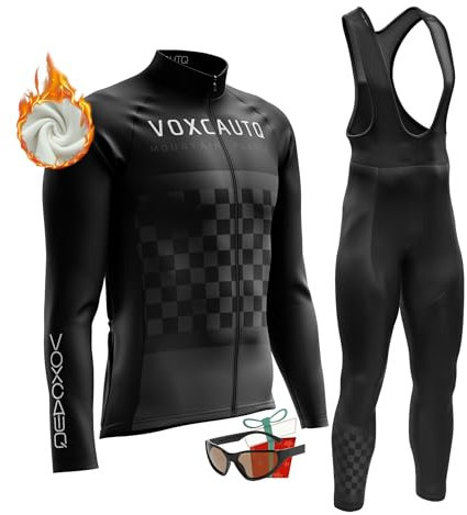 VOXCAUTQ Herren LangarmAnzüge Radtrikot Set, Winter Warm halten with Fleece Langärmliges Fahrradtrikot,Winter Fahrradbekleidung + 9D Gel für Radfahren MTB outdoor (TypB-6,M)