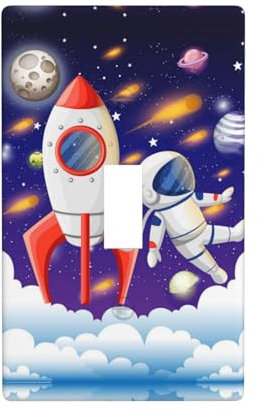 Universe Astronaut Rocket Galaxy Print Decorative Single Toggle Switch Wall Plate - Full Front Printing, Pc Material, Durable and Resilient, Easy-to-Clean, Ideal for Residential and Commercial Areas