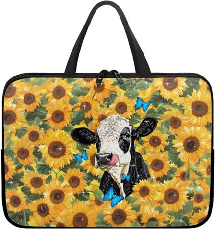 Poceacles Cow Sunflower Laptop Sleeves 10- 17 Laptop Handle Bag Notebook Carrying Pouch Chromebook Sleeves case for Men Women Neoprene Netbook/Ultrabook Protective Briefcase Pouch Tote, Yellow