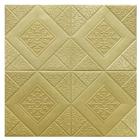 3d Wandpaneele,Wandpaneele Selbstklebend 10 Stück 70 cm x 70 cm 3D PVC selbstklebende Deckenschaum wasserdichte antistatische Tapete Classics Home Dekorationen Wandaufkleber(golden)