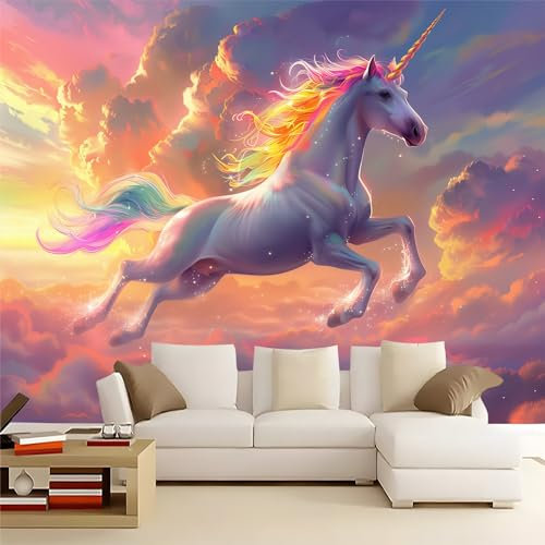 Fototapete Majestätische Einhorn-Regenbogenmähne -Wanddeko, Wandbild, Wandtapete - Fantasielandschaft Wanddekoration -300 x 210 cm Vlies Tapete Wohnzimmer Schlafzimmer