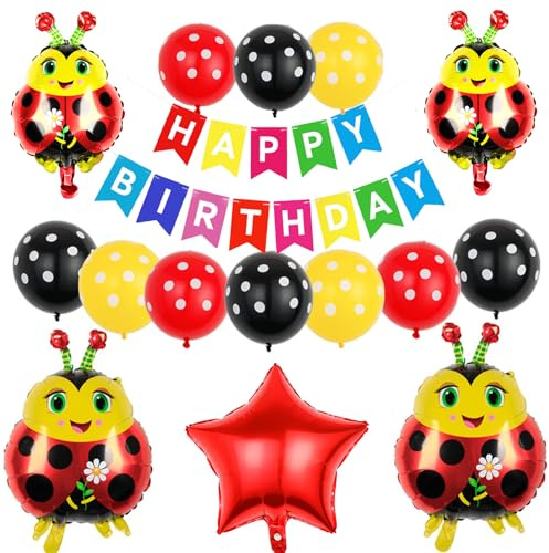 Koboko Marienkäfer Luftballons Deko Geburtstag, 16 Stück Marienkäfer Deko Ballon Banner, Folienballon Tiere Ladybug Geburtstag Deko, Rot Schwarz Lady Bug Partyballons für Dschungel Geburtstage Deko