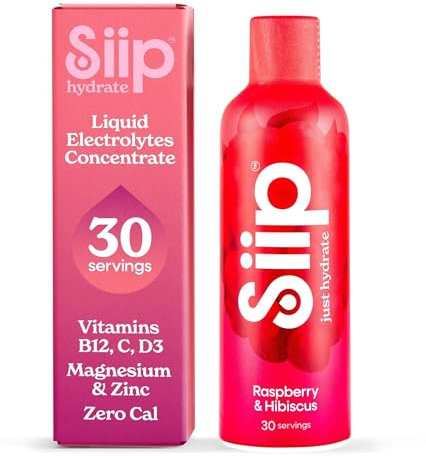 Siip Hydrate Liquid Electrolytes & Vitamins, Makes 30 Drinks, with Vitamin B12, Vitamin C, Vitamin D3, Magnesium, Zinc, Raspberry & Hibiscus Flavour
