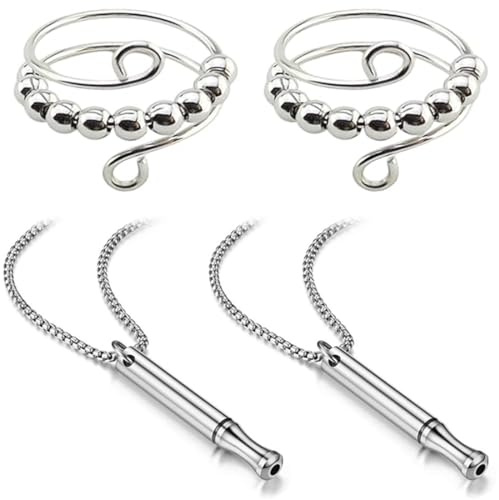LQIOACU 2 Pièces Argent Collier de Respiration, Colliers de Respiration Kit, Collier Anti-anxiété pour Exercices de Respiration, Avec 2 Bagues