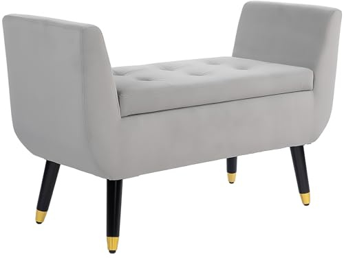 HOMCOM Sitzbank mit Stauraum Armlehnen Polsterbank mit Samtoptik, Sitztruhe mit Holzbeine, Truhenbank für Wohnzimmer Schlafzimmer Flur 107 x 42 x 65 cm, Hellgrau